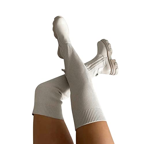 LLDG Damen Kniehohe Stiefel gestrickte Lederstiefel mode Langschaft stiefel Winter Stretch Boots Overknee Stiefel Plattform rutschfest übers Knie Stiefel Bequeme Schlupfstiefel westernstiefel von LLDG