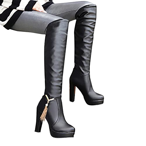 LLDG Damen Langschaft Stiefel Mode High Heel Boot Overknee Plateau Mit Blockabsatz Vintage Hohe Ritterstiefel Zum Schnüren Plattform Reitstiefel Elegante Kleid von LLDG