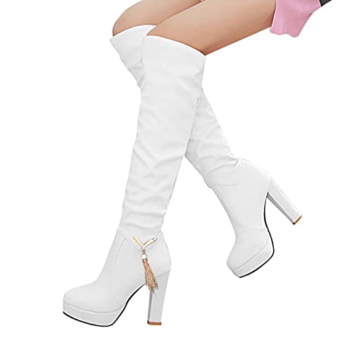 LLDG Damen Langschaft Stiefel Mode High Heel Boot Overknee Stiefel Plateau Stiefel mit Blockabsatz Vintage Hohe Ritterstiefel zum Schnüren Plattform Reitstiefel Elegante Kleid Stiefel von LLDG