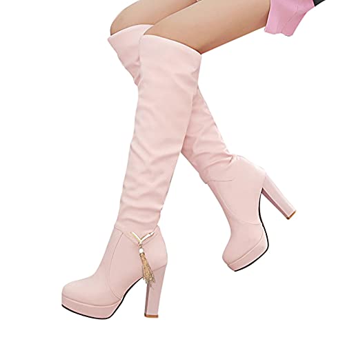 LLDG Damen Langschaft Stiefel Mode High Heel Boot Overknee Stiefel Plateau Stiefel mit Blockabsatz Vintage Hohe Ritterstiefel zum Schnüren Plattform Reitstiefel Elegante Kleid Stiefel von LLDG