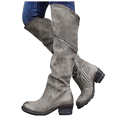 LLDG Damen Overknee Stiefel Modisch Halblange Stiefel mit Blockabsatz einfarbig Kniehohe Stiefel Elegante Langschaft Stiefel Retro Winterstiefel Mode übers Knie Stiefel Vintage Reiterstiefel von LLDG
