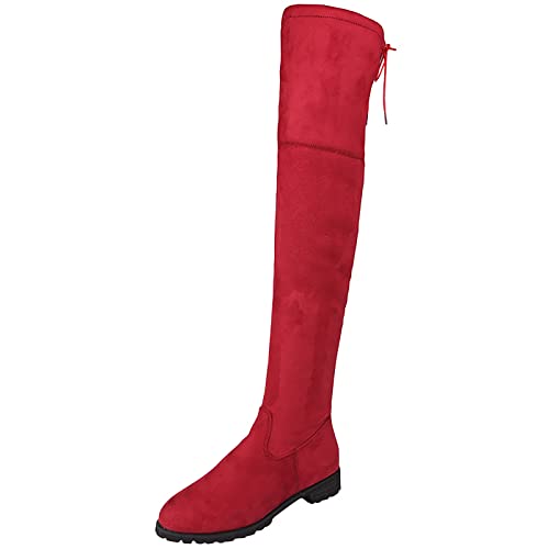 LLDG Damen Overknee Stiefel Stretch Winter Hohe mode Flache Kniehohe übers Knie Wildleder Langschaft Warm Winterstiefel aus Veloursleder Lässige Schlupfstiefel, Rot, 39 EU von LLDG