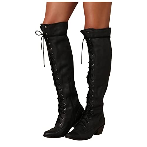 LLDG Damen Overknee Stiefel Vintage Langschaft Mit Blockabsatz High Heels Bequem Kniehohe Schnürstiefel Herbst Winter übers Knie Mit Schnürung Hoch Combat Boots Mode Winterstiefel von LLDG