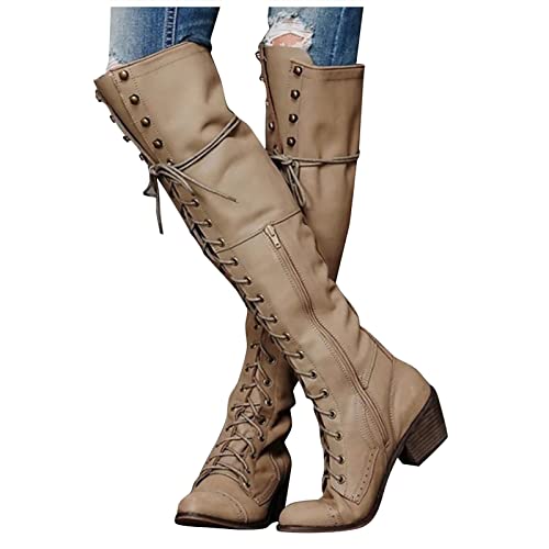 LLDG Damen Overknee Stiefel Vintage Langschaft Schnürstiefel mit Blockabsatz High Heels Bequem Kniehohe Stiefel Herbst Winter übers Knie Stiefel mit Schnürung Hoch Combat Boots mode Winterstiefel von LLDG