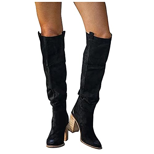 LLDG Damen Overknee Stiefel aus Veloursleder Langschaft Cowboy mit rundem Kopf Stretch Boots Pumps Modische Halblange Biker Mode-Stiefel Schlupfstiefel westernstiefel, Schwarz, 39 EU von LLDG