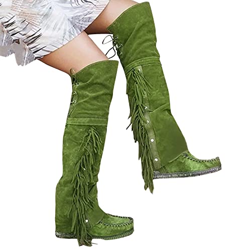 LLDG Damen Overknee Stiefel mit Fransen elegant Langschaft stiefel aus Veloursleder Retro Schlupfstiefel mode Warm Winterstiefel Vintage Wildleder Kniehohe Stiefel Flache übers Knie Stiefel von LLDG