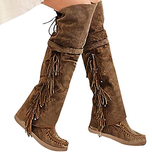 LLDG Damen Overknee Stiefel mit Fransen elegant Langschaft stiefel aus Veloursleder Retro Schlupfstiefel mode Warm Winterstiefel Vintage Wildleder Kniehohe Stiefel Flache übers Knie Stiefel von LLDG