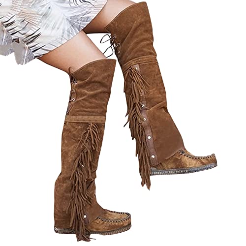 LLDG Damen Overknee Stiefel mit Fransen elegant Langschaft stiefel aus Veloursleder Retro Schlupfstiefel mode Warm Winterstiefel Vintage Wildleder Kniehohe Stiefel Flache übers Knie Stiefel von LLDG