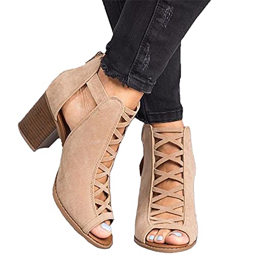 LLDG Damen Römersandalen mit Blockabsatz Mode Wedge Peep Toe Schnalle Sandaletten Retro Römische Fischmaul Elegant Stiefeletten Aushöhlen Sommer Offene Schuhe Absatzschuhe, Beige, 39 EU von LLDG