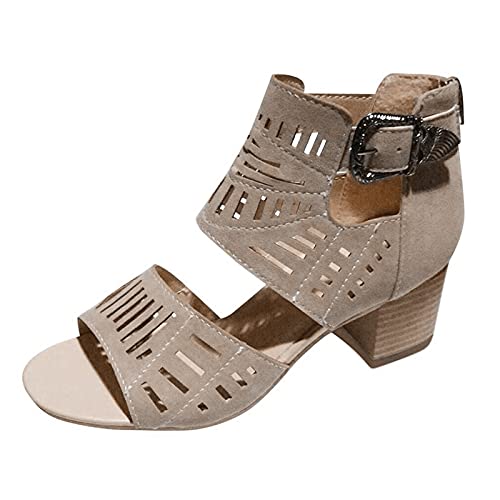 LLDG Damen Sandalen Dicke High Heels Sommer Offene Schuhe Wedge Peep Toe Schnalle Sandaletten Große Größe Retro Römische Sandaletten mit Blockabsatz Mode Stiefeletten Reißverschluss Sandalen von LLDG