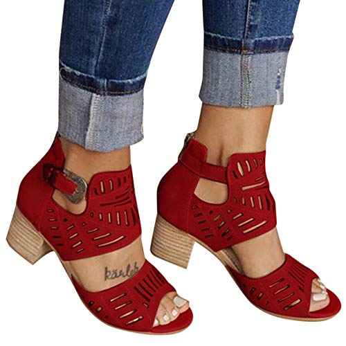 LLDG Damen Sandalen Dicke High Heels Sommer Offene Schuhe Wedge Peep Toe Schnalle Sandaletten Große Größe Retro Römische Sandaletten mit Blockabsatz Mode Stiefeletten Reißverschluss Sandalen von LLDG