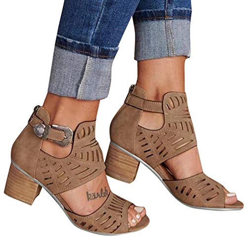 LLDG Damen Sandalen Dicke High Heels Sommer Offene Schuhe Wedge Peep Toe Schnalle Sandaletten Große Größe Retro Römische Sandaletten mit Blockabsatz Mode Stiefeletten Reißverschluss Sandalen von LLDG