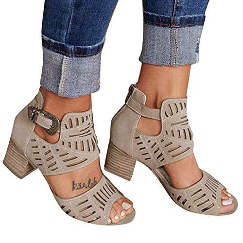 LLDG Damen Sandalen Dicke High Heels Sommer Offene Schuhe Wedge Peep Toe Schnalle Sandaletten Große Größe Retro Römische Sandaletten mit Blockabsatz Mode Stiefeletten Reißverschluss Sandalen von LLDG