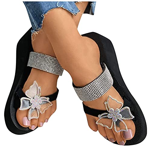 LLDG Damen Sandalen Sommer Wedge Peep Toe Flip Flop Schuhe Elegant Römersandalen Pantoletten Strandsandalen mit Strasssteinen Bogen Bohemien Slingback Sandalen Sommer Offene Schuhe von LLDG