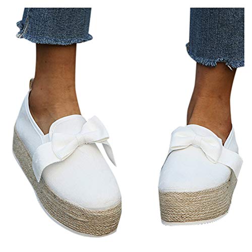 LLDG Damen Segeltuchschuhe Plattform Keilabsatz Freizeitschuhe Lässige Slip on Slipper Bequeme Canvas Flache Schuhe Low top Bootsschuhe Vintage rutschfest Bootsschuhe Modische Halbschuhe, Weiß, 38 EU von LLDG