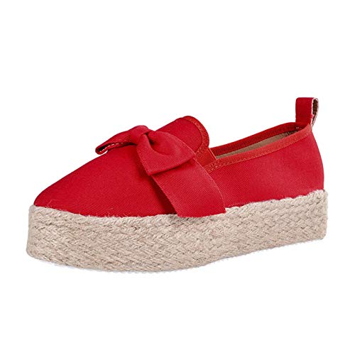 LLDG Damen Segeltuchschuhe Plattform Keilabsatz Freizeitschuhe Lässige Slip on Slipper Bequeme Canvas Flache Schuhe Low top Bootsschuhe Vintage rutschfest Modische Halbschuhe, Rot, 38 EU von LLDG