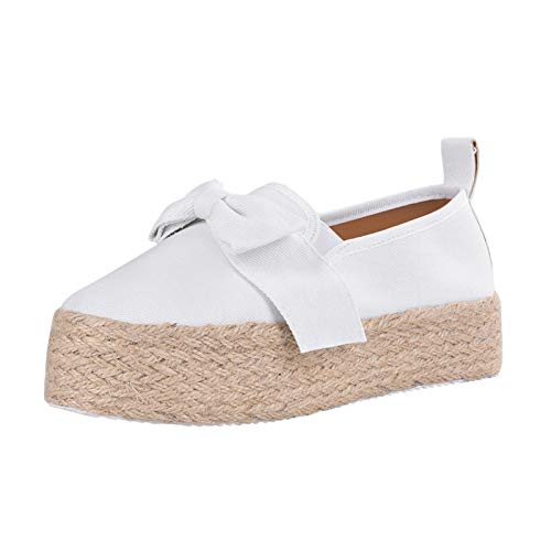 LLDG Damen Segeltuchschuhe Plattform Keilabsatz Freizeitschuhe Lässige Slip on Slipper Bequeme Canvas Flache Schuhe Low top Bootsschuhe Vintage rutschfest Bootsschuhe Modische Halbschuhe, Weiß, 39 EU von LLDG