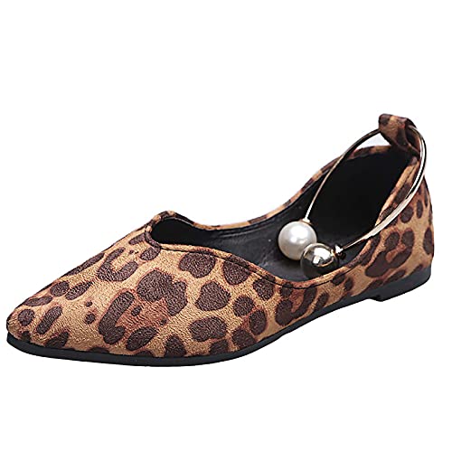 LLDG Damen Slip on flache Mund Pumps Leoparden muster Geschlossene Ballerinas Perlen Pointed-Toe Wildleder Halbschuhe lässige rutschfest Low Top Slippers Bequem Bootsschuhe Segelschuhe, Braun, 38 EU von LLDG