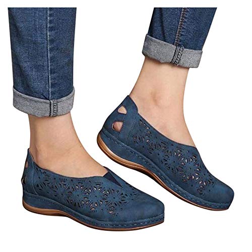 LLDG Damen Slipper Flache, atmungsaktive Cutouts Römersandalen Modische Geschlossene Slippers Frauen Elegante Low top Halbschuhe Slip on Bootsschuhe Schlupfschuhe Lässige Damenschuhe, Blau, 37 von LLDG