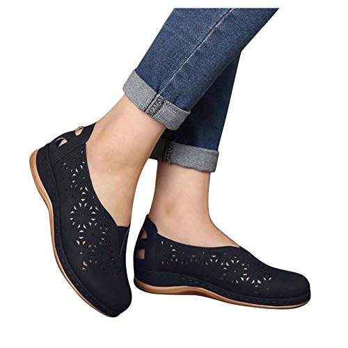 LLDG Damen Slipper Flache, atmungsaktive Cutouts Römersandalen Modische Geschlossene Slippers Frauen Elegante Low top Halbschuhe Slip on Bootsschuhe Schlupfschuhe Lässige Damenschuhe, Schwarz, 39 von LLDG