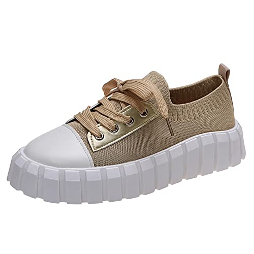 LLDG Damen Sneaker Mesh Low-Top Freizeitschuhe Slip on Halbschuhe Retro Schnürhalbschuhe rutschfest Outdoor Sportschuhe Bequeme Laufschuhe Leicht Atmungsaktive Trainers Turnschuhe, Khaki, 39 EU von LLDG