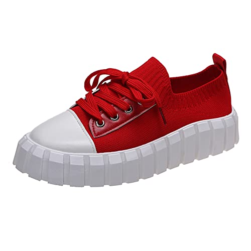 LLDG Damen Sneaker Mesh Low-Top Freizeitschuhe Slip on Halbschuhe Retro Schnürhalbschuhe rutschfest Outdoor Sportschuhe Bequeme Laufschuhe Leicht Atmungsaktive Trainers Turnschuhe, Rot, 37 EU von LLDG