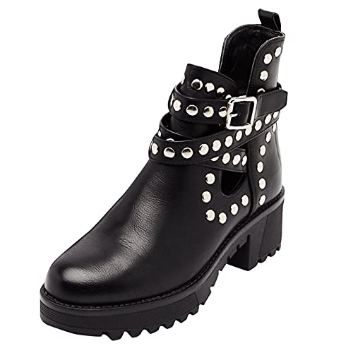 LLDG Damen Stiefeletten Herbst, Winter Kurzschaft Boots Modische Nieten Biker Boots mit Blockabsatz Plateau Knöchel Stiefel rutschfest Kampfstiefel Mode Combat Boots Ankle Boots, Schwarz, 36 EU von LLDG