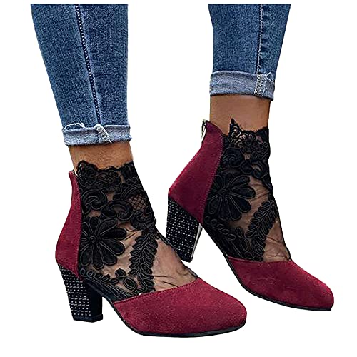 LLDG Damen Stiefeletten High Heels Chelsea Boots Absatz Atmungsaktive Mesh Ankle rutschfest Kurzschaft Retro Knöchel Stiefel Biker wasserdichte Combat Mode Outdoor Boots, Rot, 40 EU von LLDG