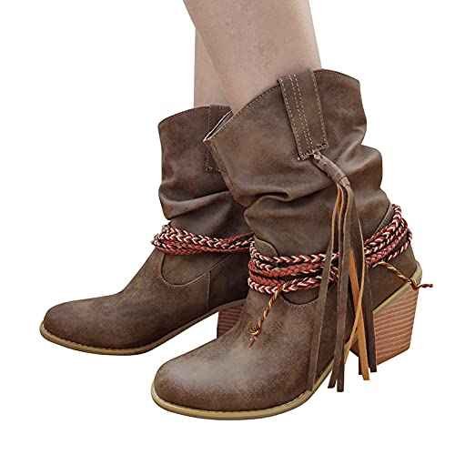 LLDG Damen Stiefeletten mit Fransen Vintage Ankle Boots Chunky Ferse Combat Boots Retro Cowboy Stiefel Western Stiefeletten Wasserdicht Kurzschaft Reiterstiefel Mode Motorradstiefel Knöchelstiefel von LLDG