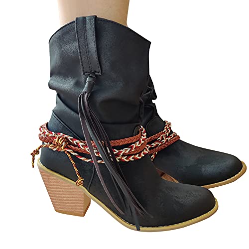 LLDG Damen Stiefeletten mit Fransen Vintage Ankle Boots Chunky Ferse Combat Boots Retro Cowboy Stiefel Western Stiefeletten Wasserdicht Kurzschaft Reiterstiefel Mode Motorradstiefel Knöchelstiefel von LLDG