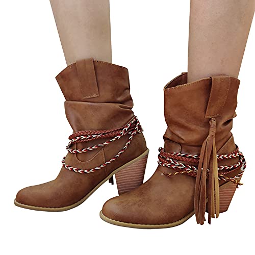 LLDG Damen Stiefeletten mit Fransen Vintage Ankle Boots Chunky Ferse Combat Cowboy Stiefel Western Kurzschaft Reiterstiefel Mode Motorradstiefel Knöchelstiefel, Braun, 39 EU von LLDG