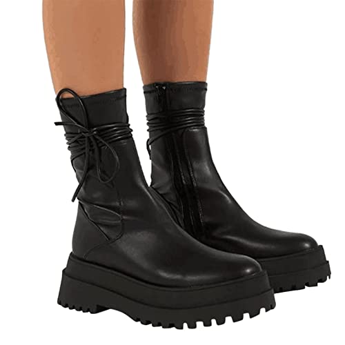 LLDG Damen Winterstiefel Vintage Combat Boots Modische Biker Boots Reiterstiefel mit flachem Absatz aus weichem Leder Kurzschaft Schlupfstiefel rutschfest Bootie Retro Halbstiefel Mode-Stiefel von LLDG