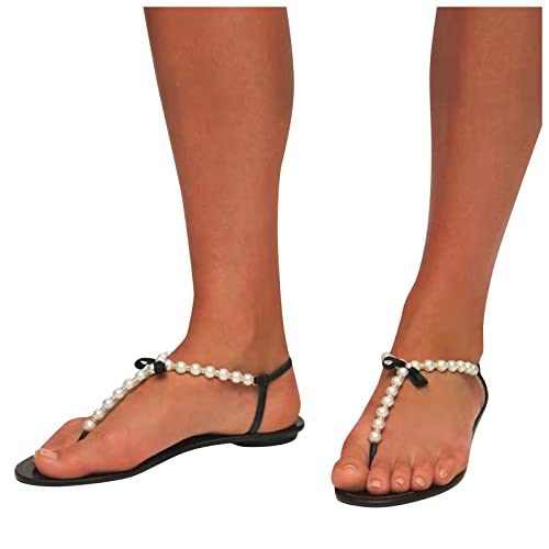 LLDG Damen Zehentrenner sandalen mode Perlen besetzte Flip-Flops Freizeit Flache Strandsandalen Elegante Retro Sommer Offene Schuhe Lässige Slingback Sandalen Sommer Slipper Lässige schlappen von LLDG