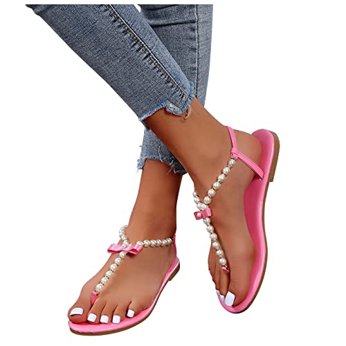 LLDG Damen Zehentrenner sandalen mode Perlen besetzte Flip-Flops Freizeit Flache Strandsandalen Elegante Retro Sommer Offene Schuhe Lässige Slingback Sandalen Sommer Slipper Lässige schlappen von LLDG