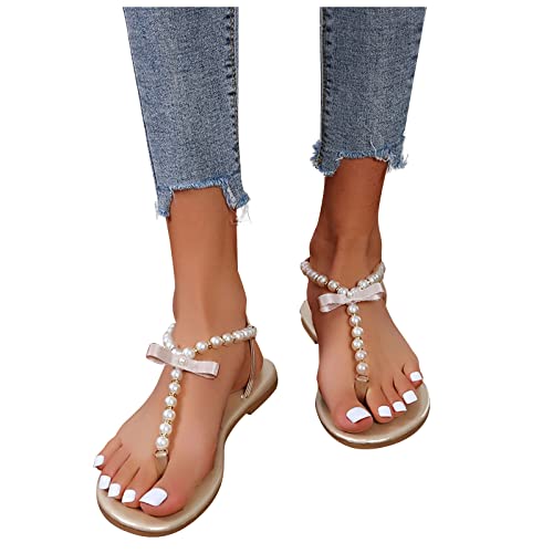 LLDG Damen Zehentrenner sandalen mode Perlen besetzte Flip-Flops Freizeit Flache Strandsandalen Elegante Retro Sommer Offene Schuhe Lässige Slingback Sandalen Sommer Slipper Lässige schlappen von LLDG