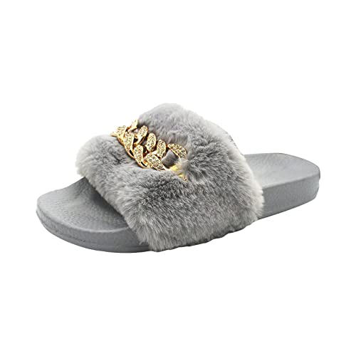 LLDG Hausschuhe Damen Metallkette Plüsch pantoffeln rutschfeste Flache Flip Flop Bequeme Flauschige Slippers Elegante Pelz Schlappen Modische Lässige Sandalen Latschen Fluffy Slides, Grau1, 41 EU von LLDG