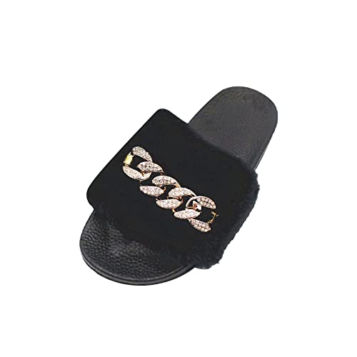 LLDG Hausschuhe Damen Metallkette Plüsch pantoffeln rutschfeste Flache Flip Flop Bequeme Flauschige Slippers Vintage Pelz Schlappen Modische Lässige Sandalen Latschen Fluffy Slides, Schwarz1, 36 EU von LLDG