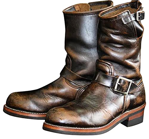 LLDG Herren Western Cowboystiefel Vintage Westernstiefel Cowboy Stiefeletten Halbhoch Schlupfstiefel Reiterstiefel mit Blockabsatz Warm Winterstiefel rutschfest PU Lederstiefel, Kaffee, 45 EU von LLDG