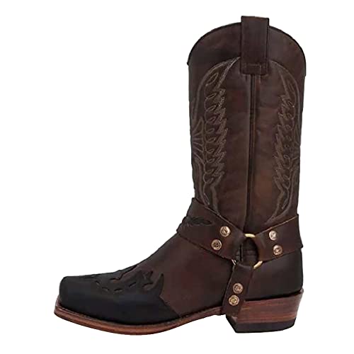 LLDG Herren westernstiefel Modische Stickerei Cowboystiefel Vintage Langschaft Schlupfstiefel Retro Slip-On Stiefel rutschfest Lederstiefel mit Blockabsatz Herrenstiefel Winterstiefel Reiterstiefel von LLDG