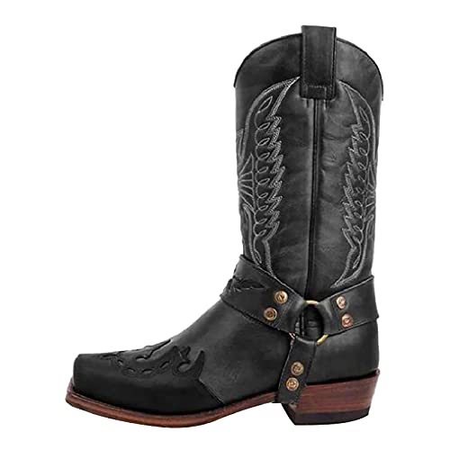 LLDG Herren westernstiefel Modische Stickerei Cowboystiefel Vintage Langschaft Schlupfstiefel Retro Slip-On Stiefel rutschfest Lederstiefel mit Blockabsatz Herrenstiefel Winterstiefel Reiterstiefel von LLDG