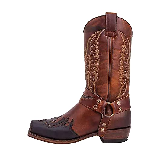 LLDG Herren westernstiefel Modische Stickerei Cowboystiefel Vintage Langschaft Schlupfstiefel Retro Slip-On Stiefel rutschfest Lederstiefel mit Blockabsatz Herrenstiefel Winterstiefel Reiterstiefel von LLDG