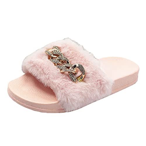 LLDG Sandalen Blumen Fell Hausschuhe Pelz Schlappen Flash Slipper mit Chain Plüsch Latschen Warme Pantoffeln rutschfeste Winter Women Slides Frauen Badelatschen Fluffy Slipper Plüsch Pantoffeln von LLDG