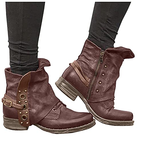 LLDG Stiefeletten damen Biker Boots Combat Stiefel Vintage Biker Boots Retro Kurzschaft westernstiefel Freizeit Chelsea Boots Vintage Knöchelstiefel Cowboy Stiefel mit Blockabsatz, Braun, 40 EU von LLDG
