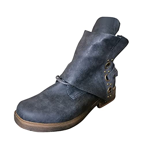 LLDG Stiefeletten damen Biker Boots Combat Stiefel Vintage Biker Boots Retro Kurzschaft westernstiefel Freizeit Chelsea Boots Vintage Knöchelstiefel Cowboy Stiefel mit Blockabsatz, Grau, 39.5 EU von LLDG