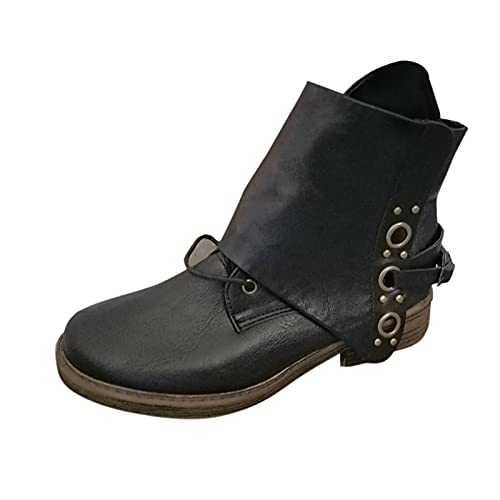 LLDG Stiefeletten damen Biker Boots Combat Stiefel Vintage Biker Boots Retro Kurzschaft westernstiefel Freizeit Chelsea Boots Vintage Knöchelstiefel Cowboy Stiefel mit Blockabsatz von LLDG