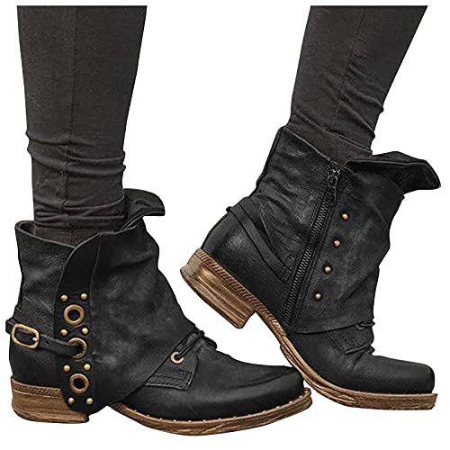 LLDG Stiefeletten damen Biker Boots Combat Stiefel Vintage Biker Boots Retro Kurzschaft westernstiefel Freizeit Chelsea Boots Vintage Knöchelstiefel Cowboy Stiefel mit Blockabsatz von LLDG