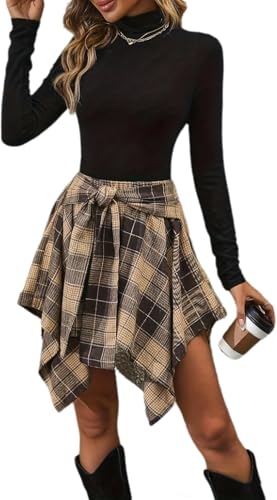 LLECDASEUI Damen Karierter Minirock Hohe Taille Asymmetrischer Saum Ausgestellter Knoten Vorne Lässige Mode Rock (Khaki,S) von LLECDASEUI