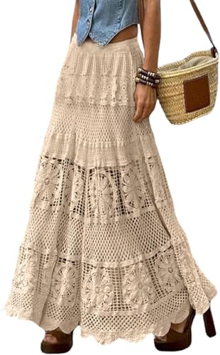 Damen Western Floral Spitze Häkeln Stricken Maxi Boho Rock A-Linie Öse Hippie Flowy Langer Rock (Beige,Einheitsgröße) von LLECDASEUI