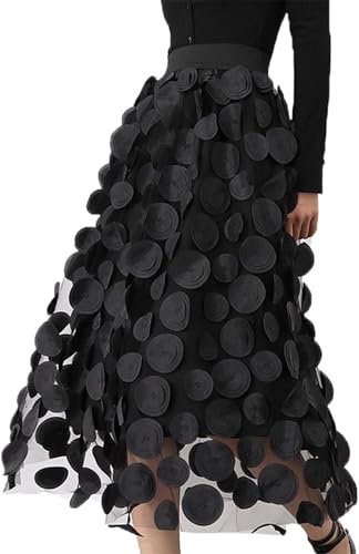 Frauen Tüll Polka Dot Rock 3D Elastische Taille Mesh Flowy A-Linie Midi-Röcke Layered Bubble Röcke Hochzeit Halloween Party Outfit (Einheitsgröße,Schwarz) von LLECDASEUI
