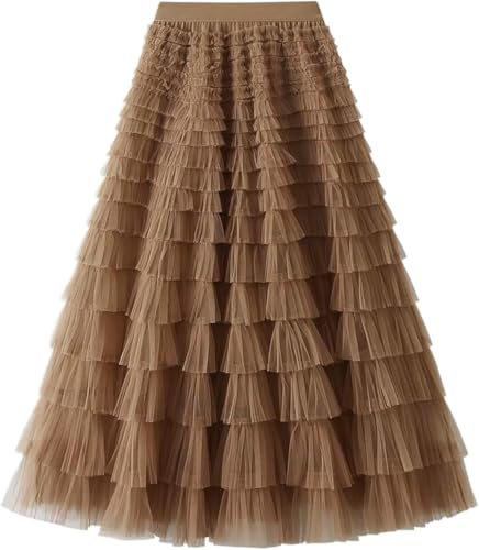 Frauen geschichtet Tüll Röcke A-Linie Rüsche hoch taillierte Mesh Langen Maxirock (Braun,M) von LLECDASEUI